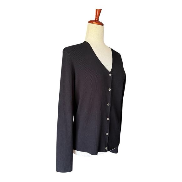Real Clothes Saks Fifth Avenue Black Knit Cardigan Sweater Ribbed Stripe Large - Picture 2 of 7